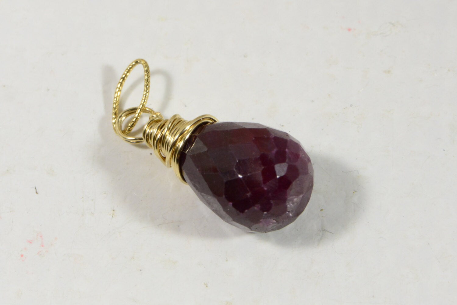 Genuine Ruby Facet  Briolette, Wire Wrapped Ruby Pendant, 12.5 X7.7mm 6.15ct Birthstone for July