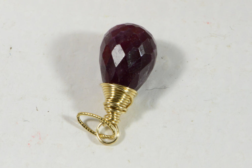 Genuine Ruby Facet  Briolette, Wire Wrapped Ruby Pendant, 12.5 X7.7mm 6.15ct Birthstone for July