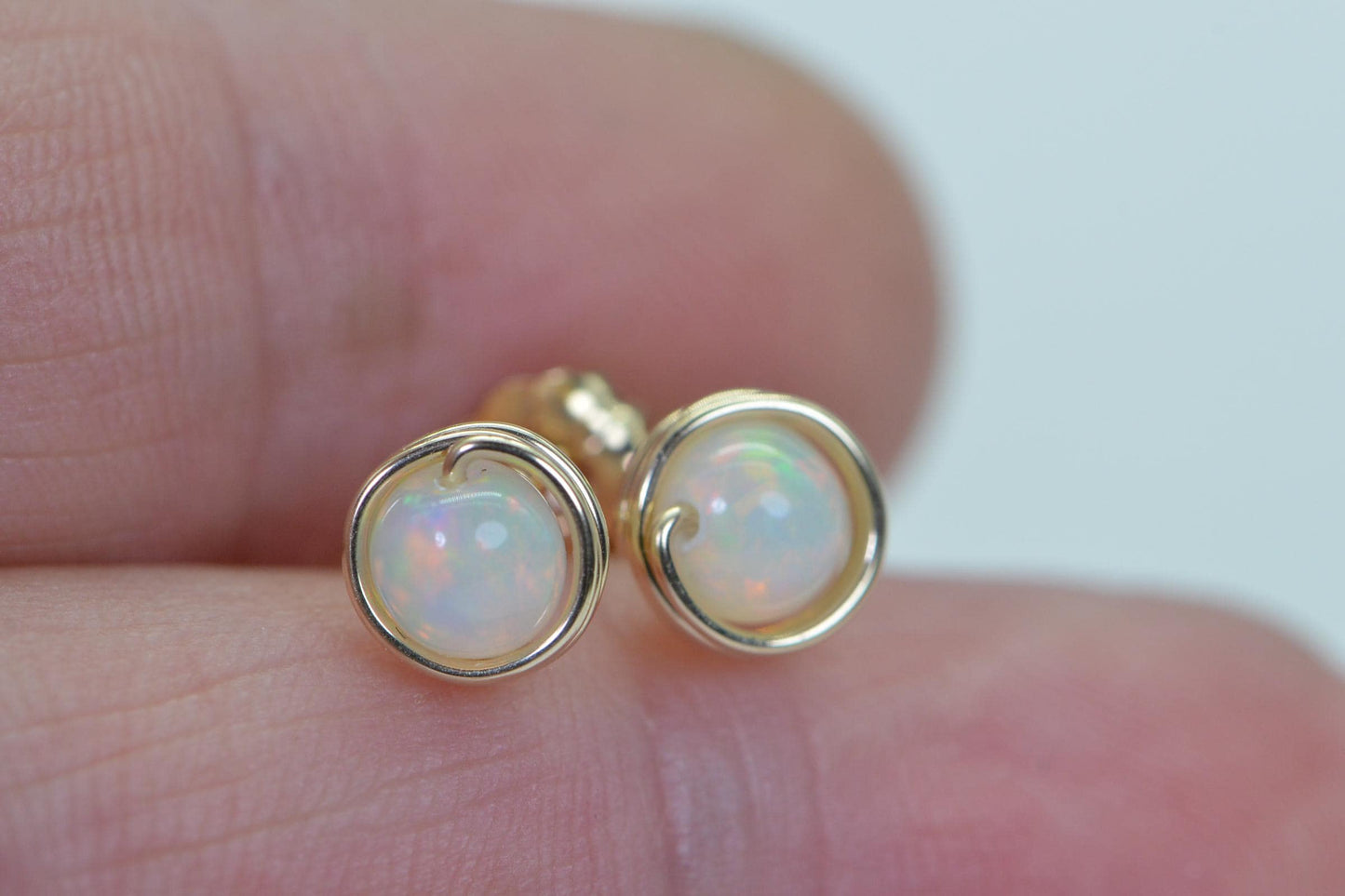 Ethiopian Opal Stud Earrings: 14K Gold Filled Wire Wrapped, 5mm