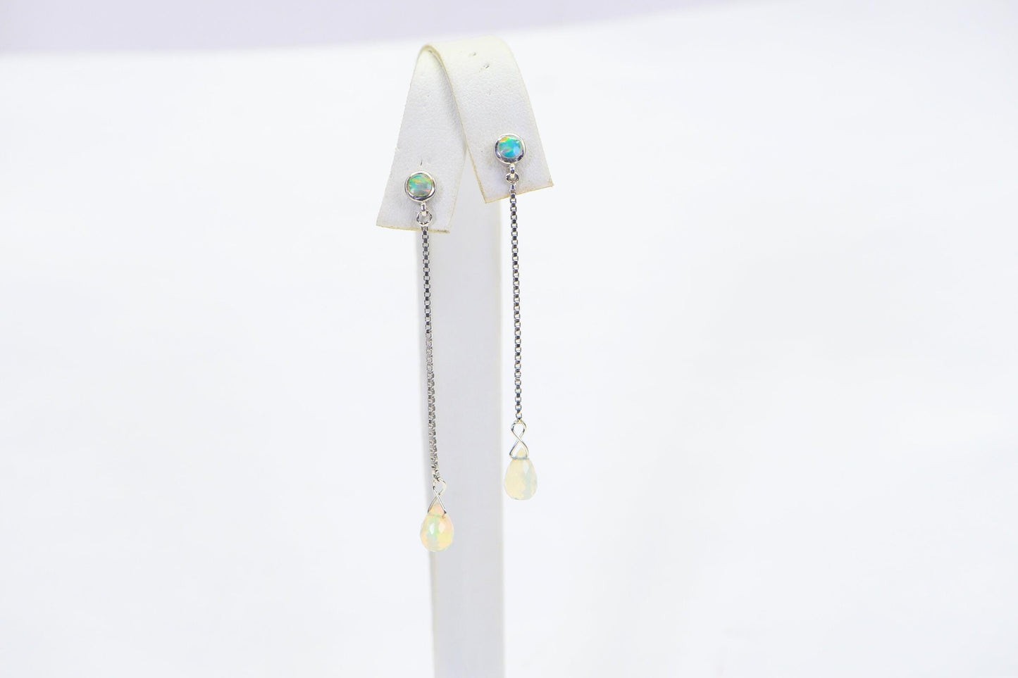 Ethiopian Opal Dangle Earrings: 14K White Gold over Sterling Silver