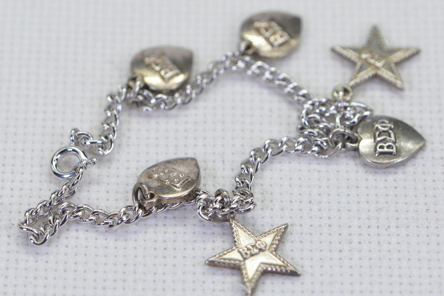 Vintage Silver Charm Bracelet: Stars & Hearts Dangle Charms
