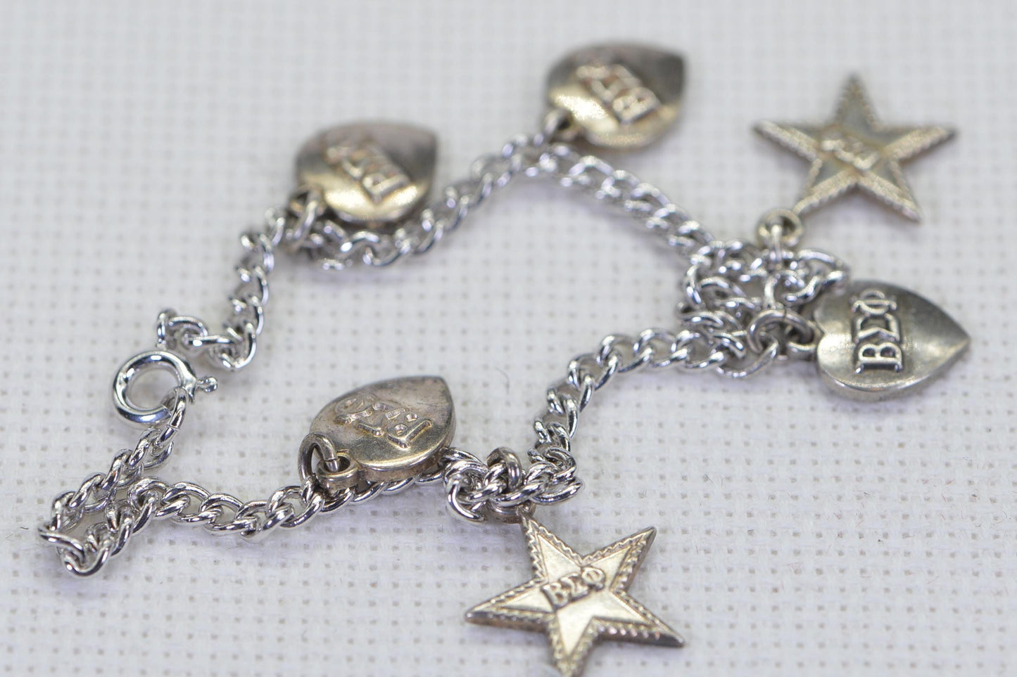Vintage Silver Charm Bracelet: Stars & Hearts Dangle Charms