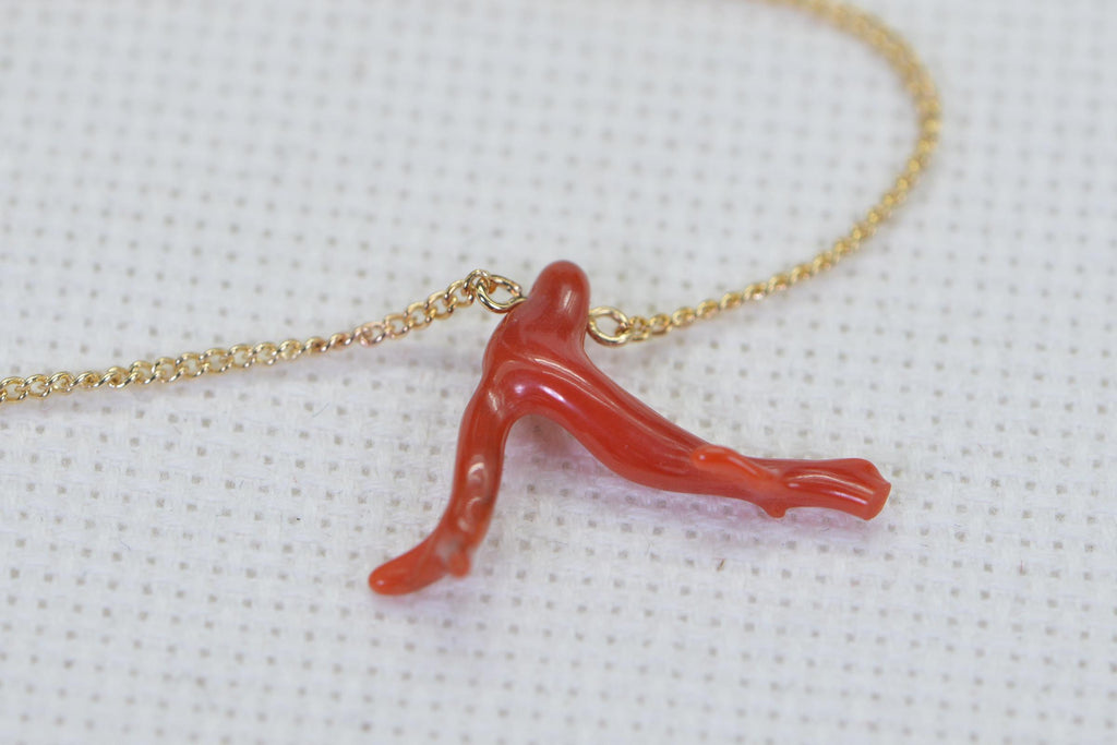 Red Coral Branch Pendant Necklace: 14K Gold Filled Wire Wrapped Italian Coral