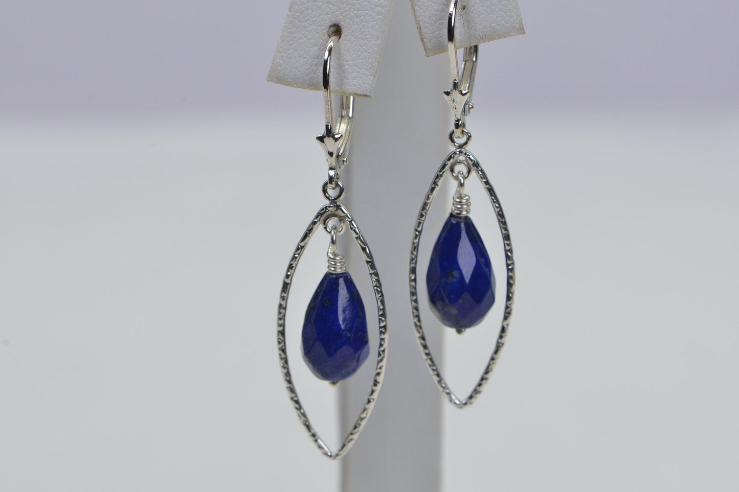 Lapis Lazuli Earrings, Hammered Sterling Silver, Teardrop Gemstone