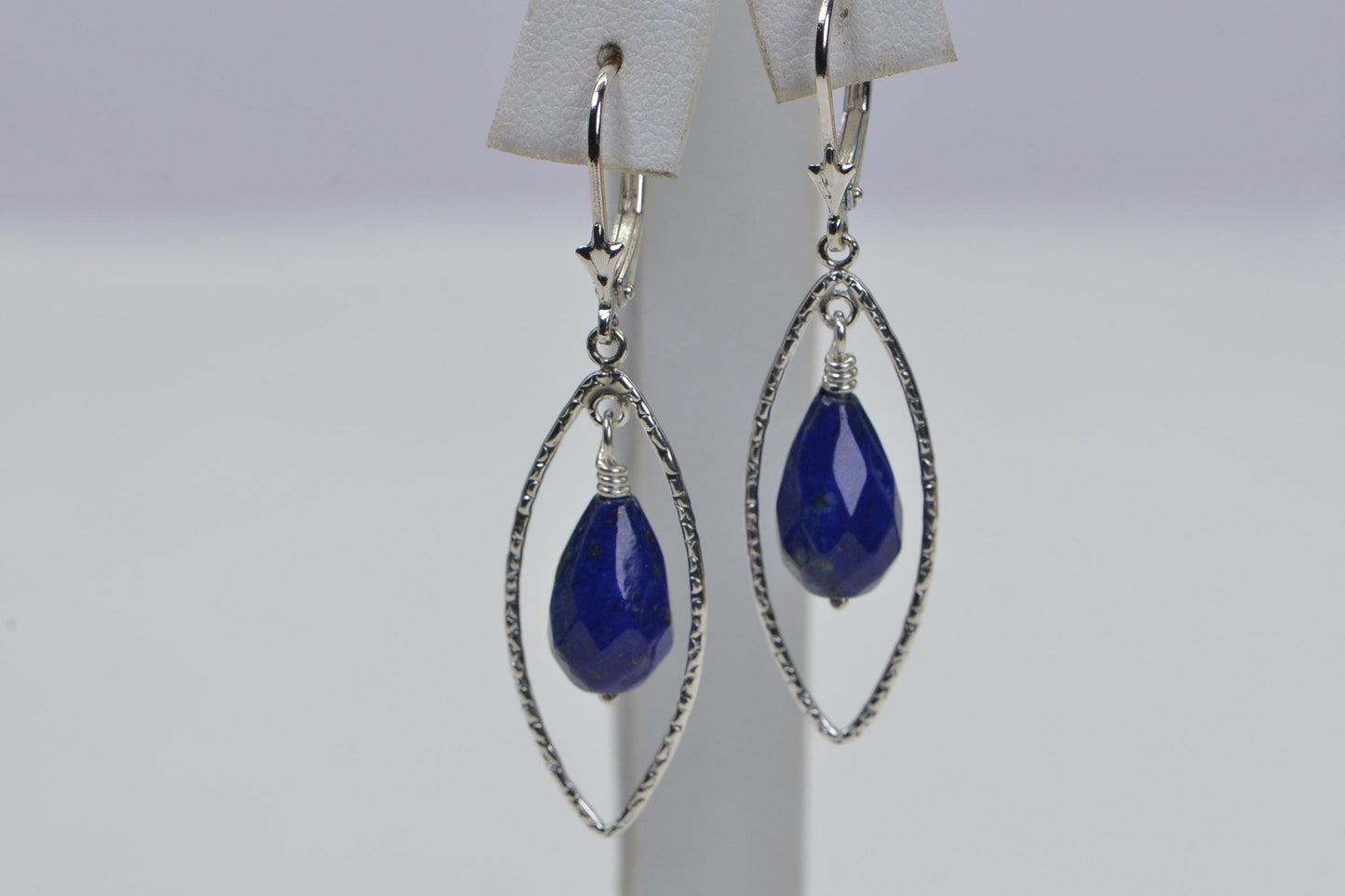 Lapis Lazuli Earrings, Hammered Sterling Silver, Teardrop Gemstone