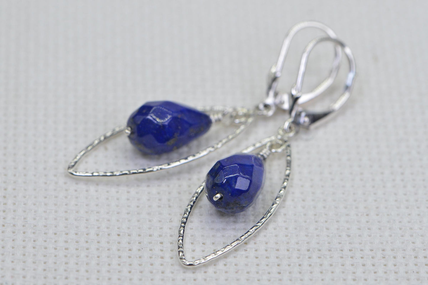 Lapis Lazuli Earrings, Hammered Sterling Silver, Teardrop Gemstone