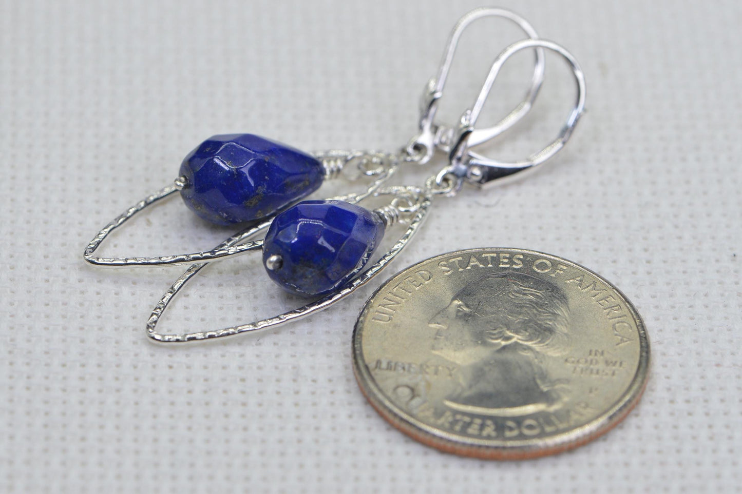 Lapis Lazuli Earrings, Hammered Sterling Silver, Teardrop Gemstone