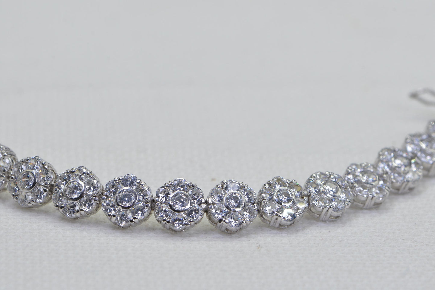Floral Simulated Diamond Tennis Bracelet: 14K White Gold Vermeil, Sterling Silver