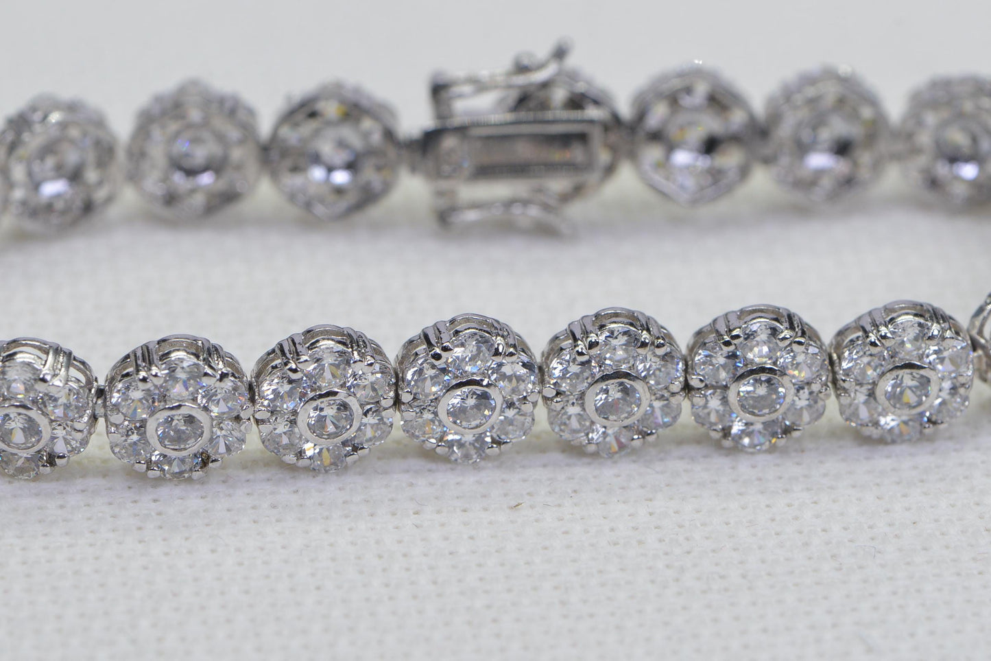 Floral Simulated Diamond Tennis Bracelet: 14K White Gold Vermeil, Sterling Silver