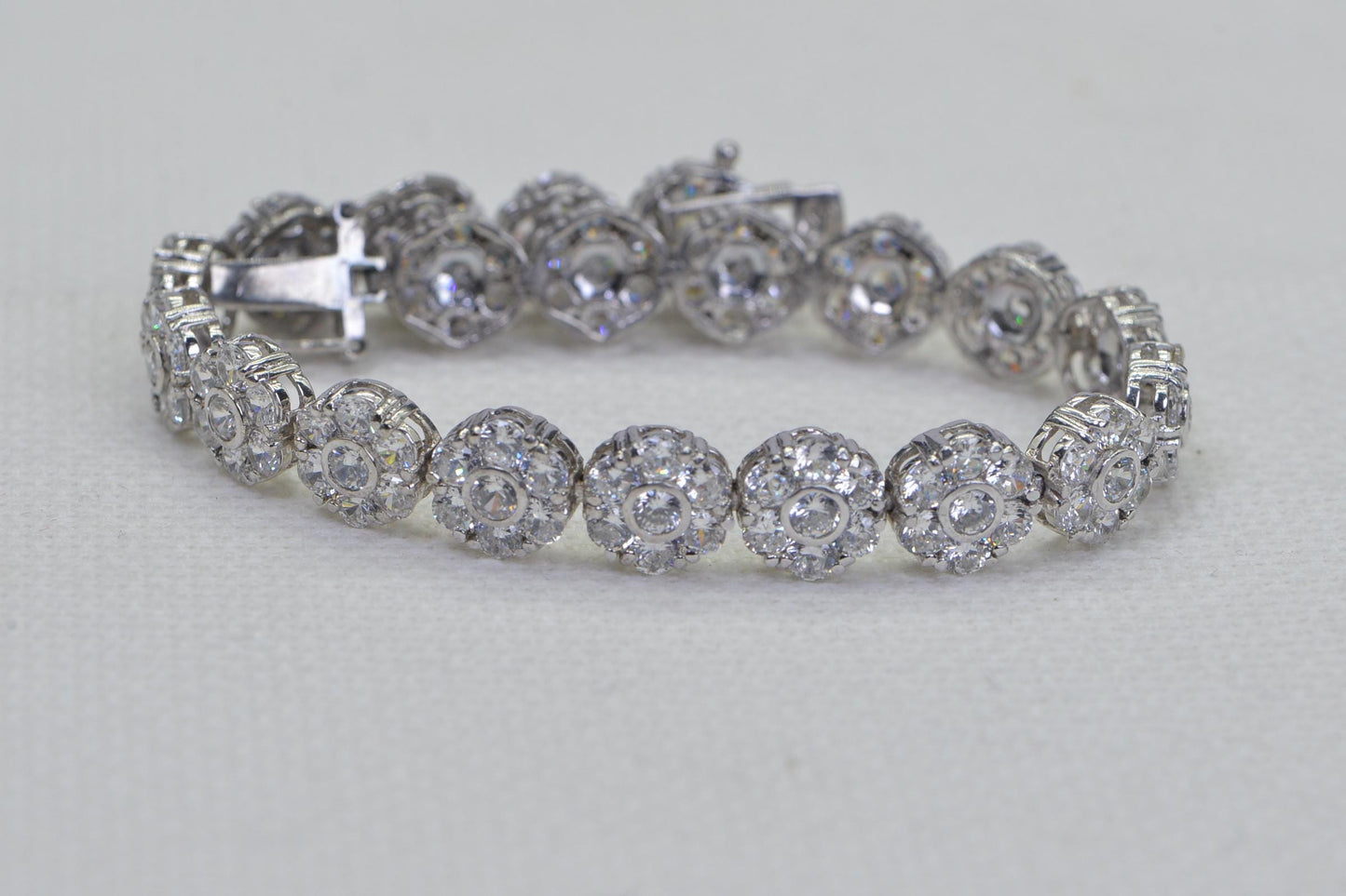 Floral Simulated Diamond Tennis Bracelet: 14K White Gold Vermeil, Sterling Silver