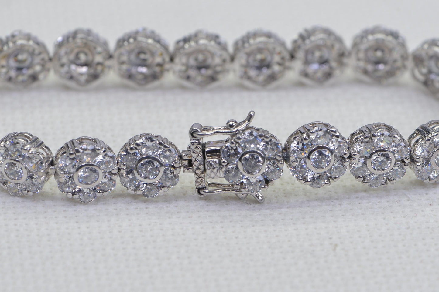 Floral Simulated Diamond Tennis Bracelet: 14K White Gold Vermeil, Sterling Silver