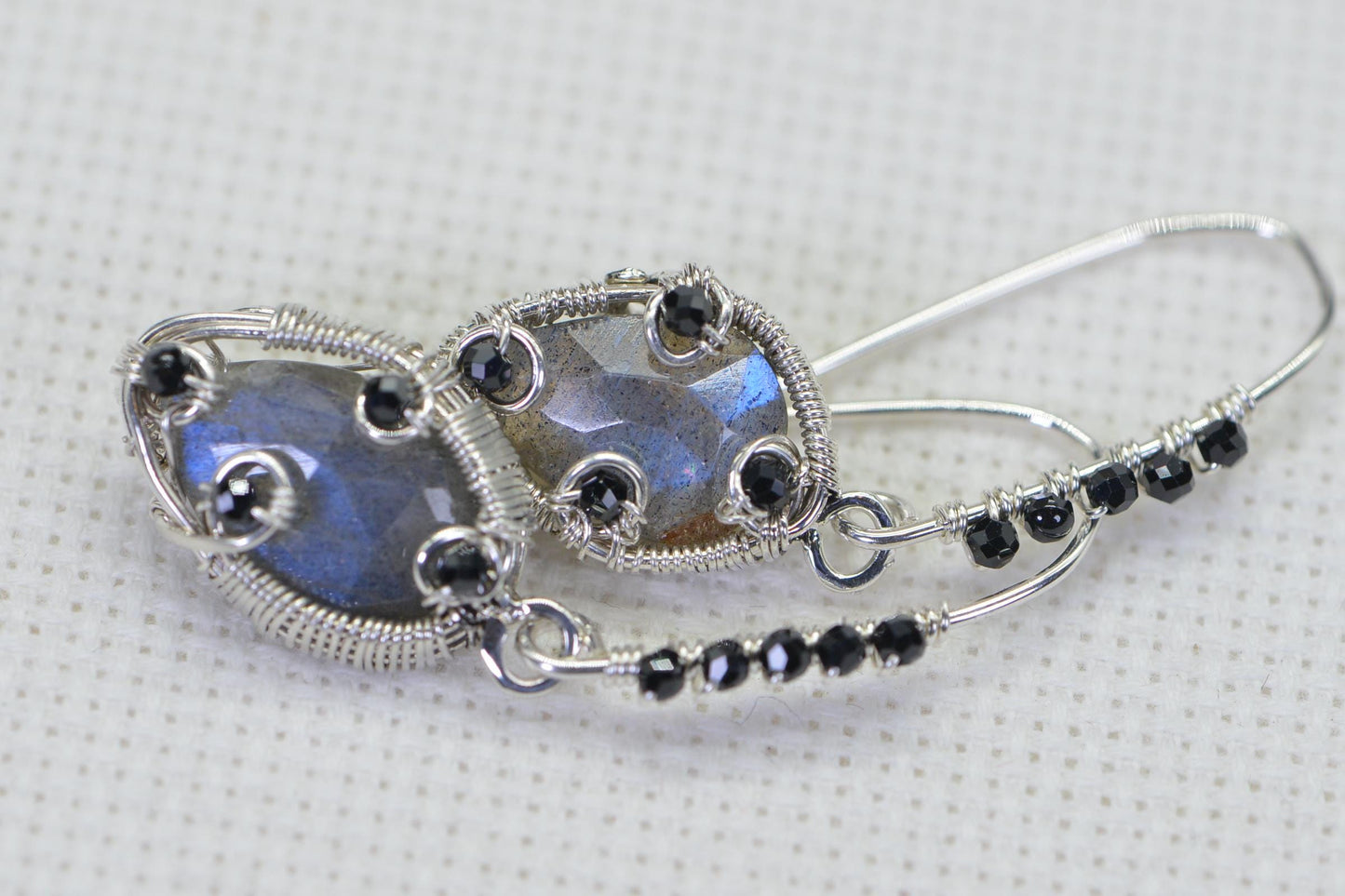 Labradorite Dangle Earrings: Sterling Silver Wire Wrapped with Black Tourmaline