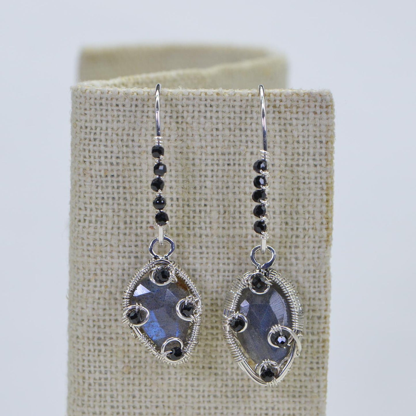 Labradorite Dangle Earrings: Sterling Silver Wire Wrapped with Black Tourmaline