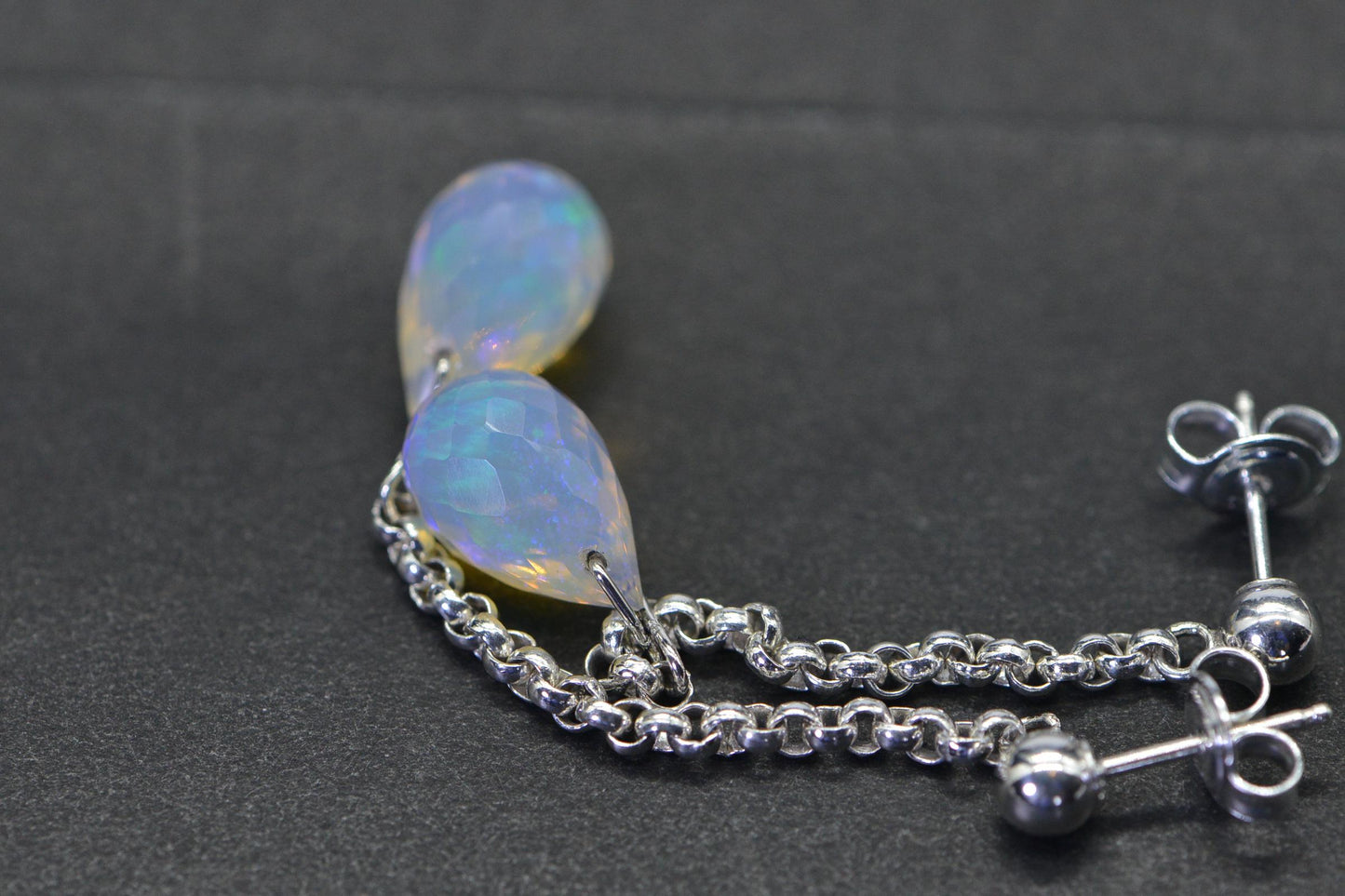 Ethiopian Opal Earrings Sterling Silver Wire Wrapped Long Chain Dangle Earrings Jewelry Birthstone October