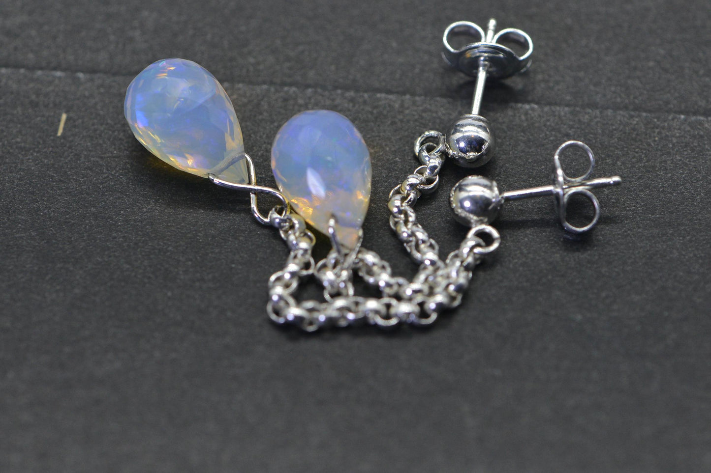 Ethiopian Opal Earrings Sterling Silver Wire Wrapped Long Chain Dangle Earrings Jewelry Birthstone October