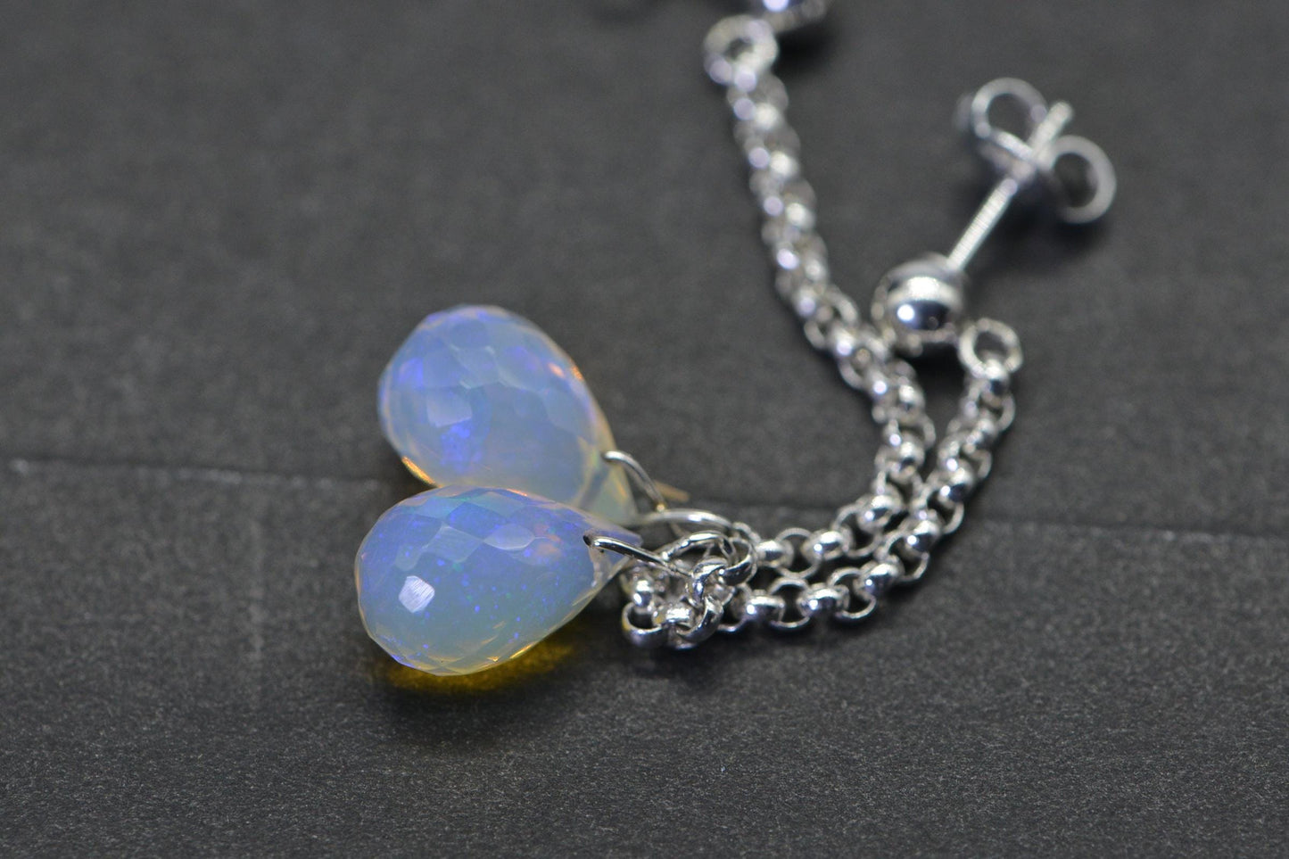 Ethiopian Opal Earrings Sterling Silver Wire Wrapped Long Chain Dangle Earrings Jewelry Birthstone October