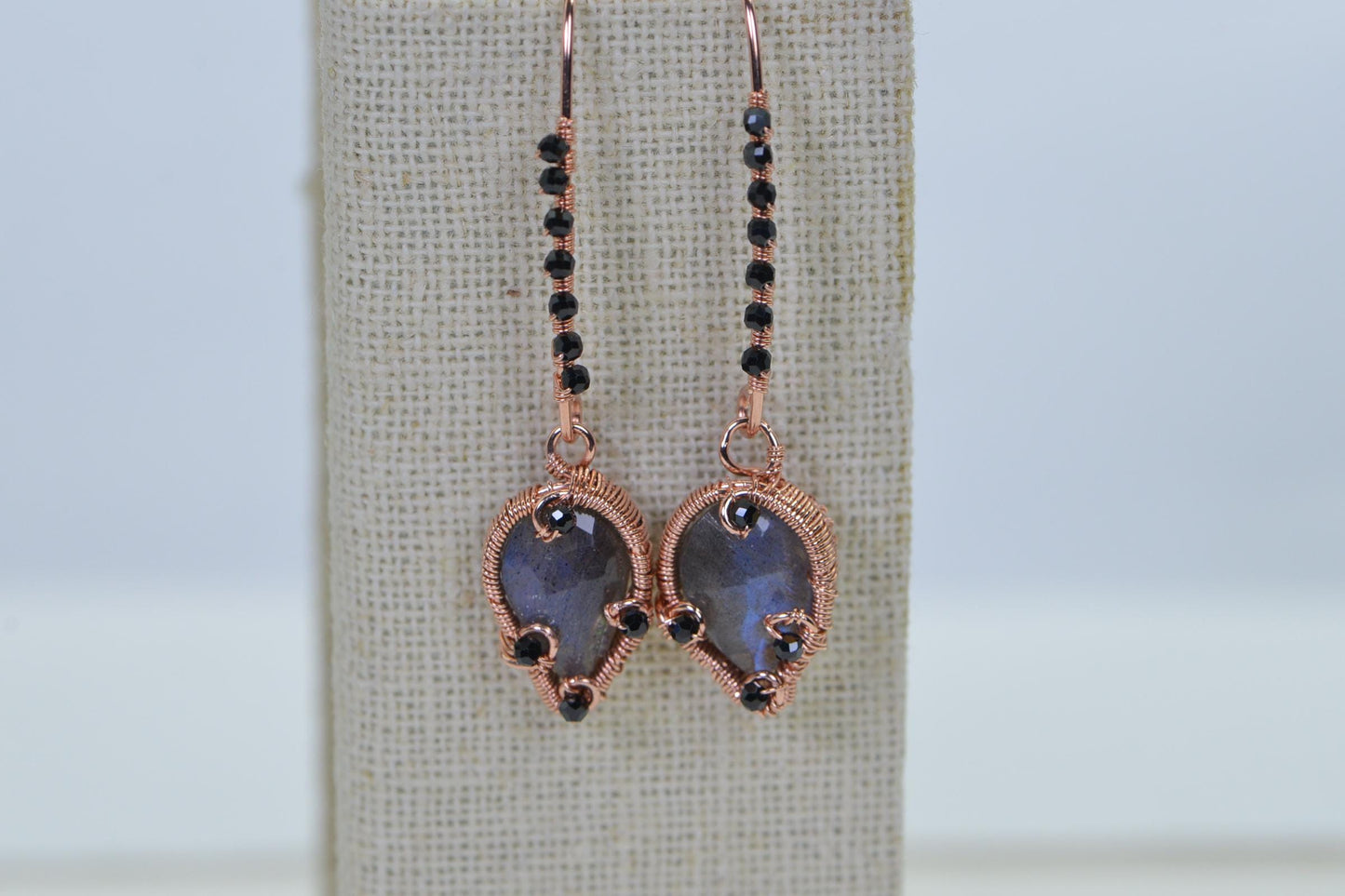 Handmade Labradorite Dangle Earrings: Copper Wire Wrapped, Black Tourmaline