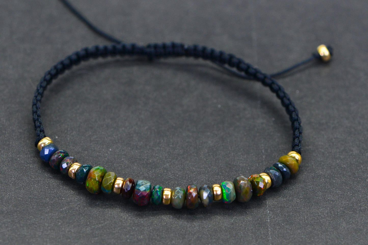 Black Opal Bracelet Macrome Shamballa 14K Gold Rondelle Ethiopian Opal Faceted Large beads