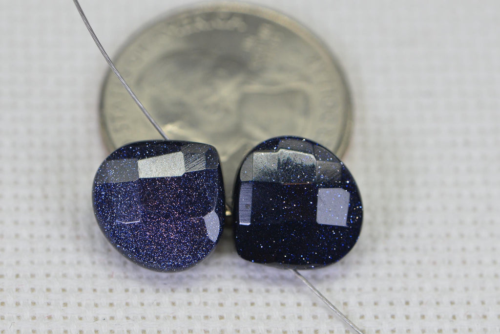 Blue Goldstone Heart Beads: Faceted Briolette Gemstone, 12mm (2 beads)