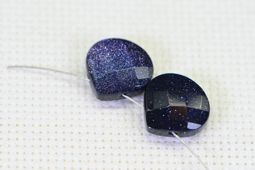 Blue Goldstone Heart Beads: Faceted Briolette Gemstone, 12mm (2 beads)