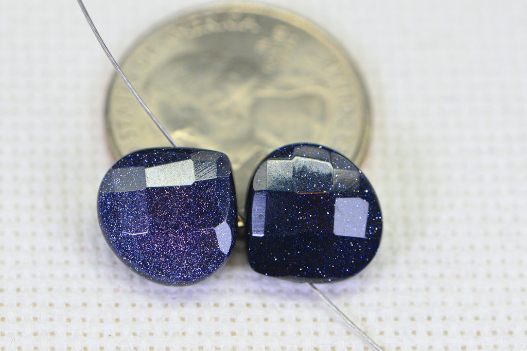 Blue Goldstone Heart Beads: Faceted Briolette Gemstone, 12mm (2 beads)