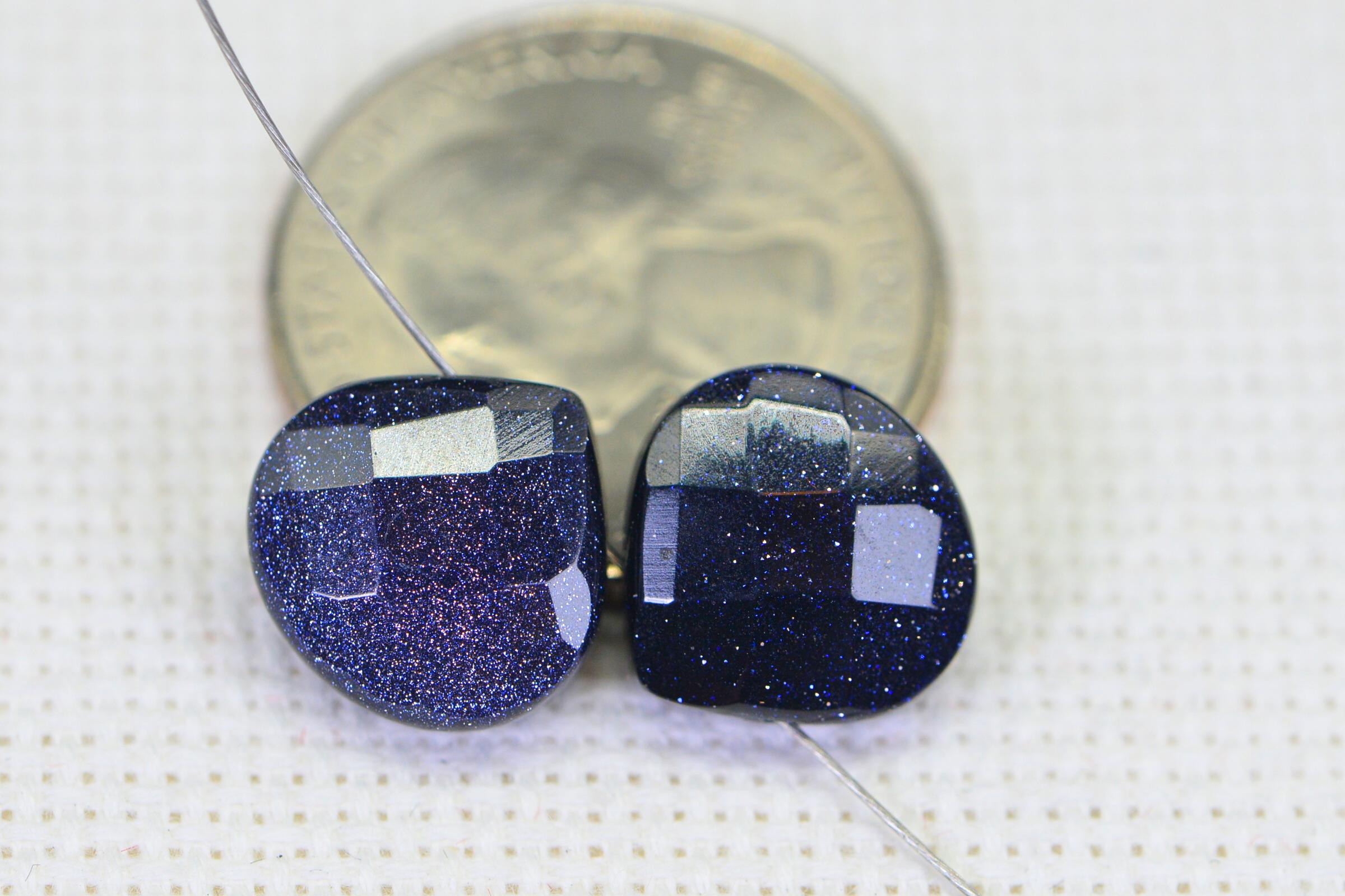 Blue Goldstone Heart Beads: Faceted Briolette Gemstone, 12mm (2 beads)