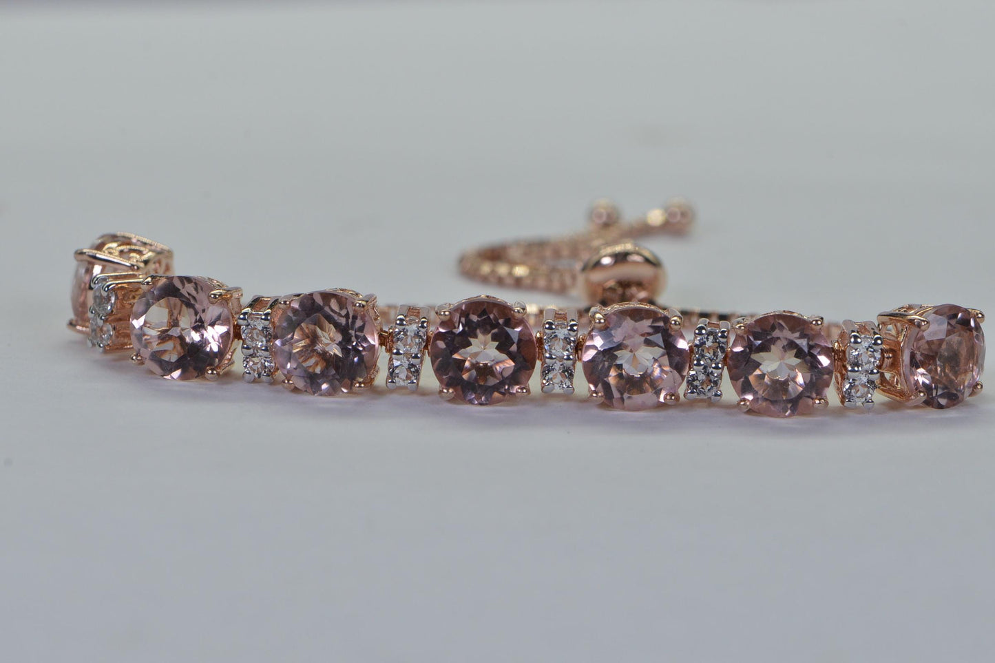 Morganite Bolo Bracelet: Peach Gemstone, White Topaz, Rose Gold Vermeil