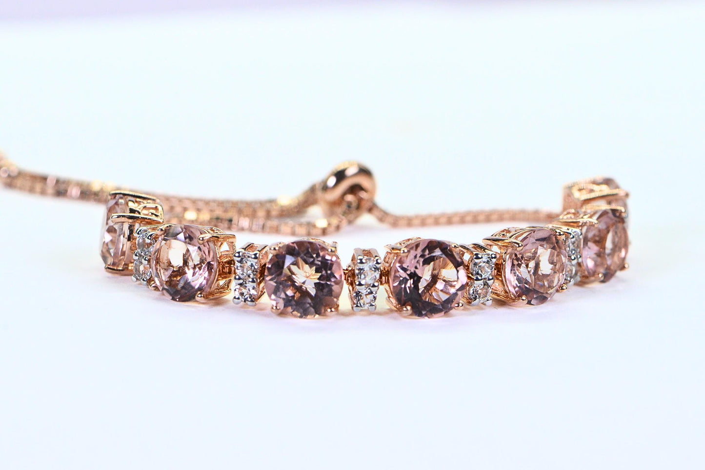 Morganite Bolo Bracelet: Peach Gemstone, White Topaz, Rose Gold Vermeil