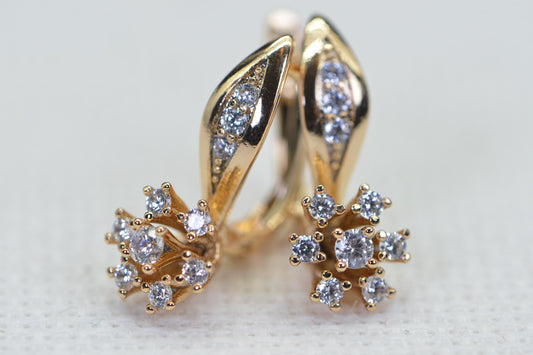 18K Gold Flower Stud Earrings, Cubic Zirconia Bridal Earrings