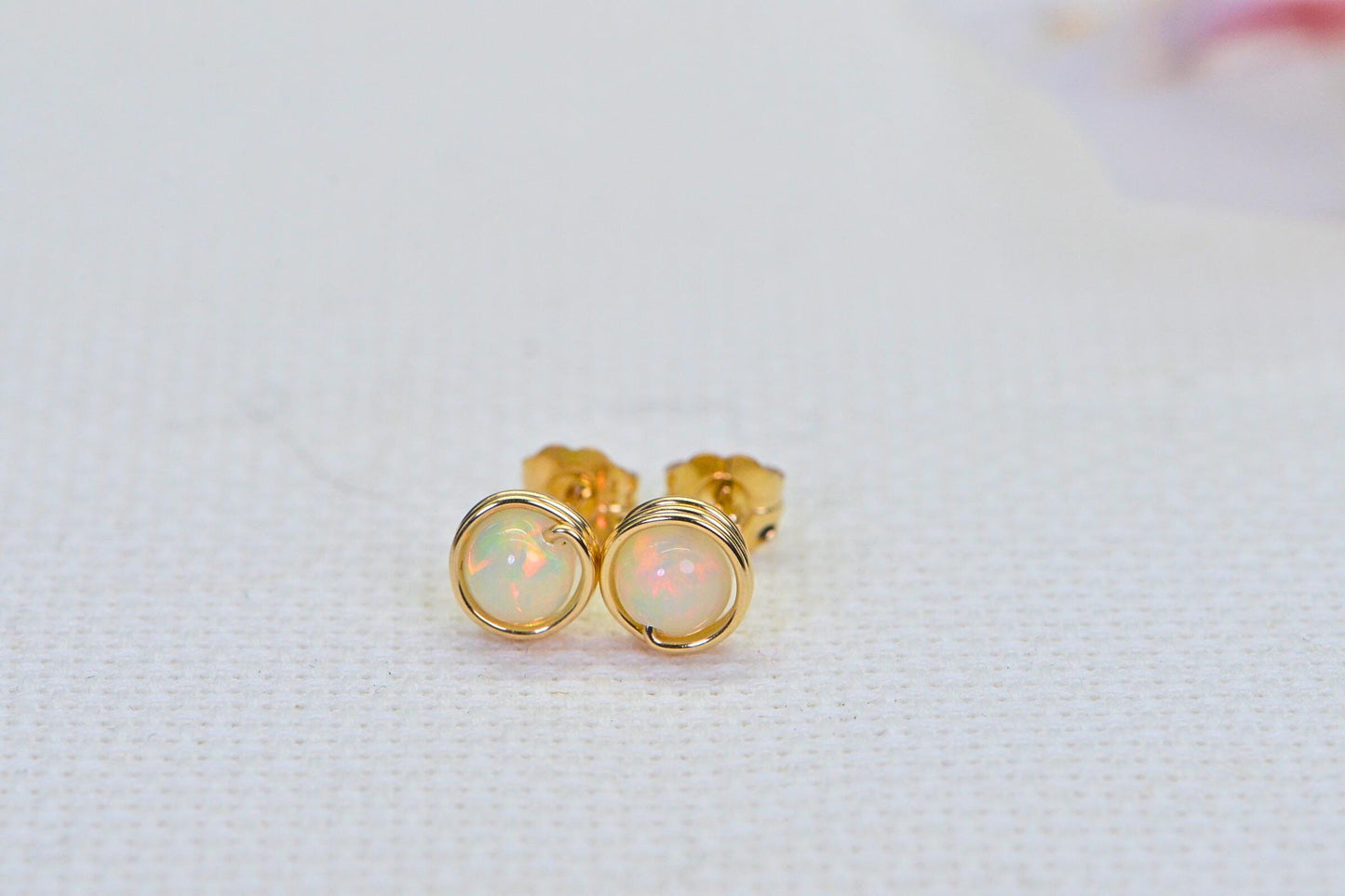Ethiopian Opal Stud Earrings: 14K Gold Filled Wire Wrapped, 5mm