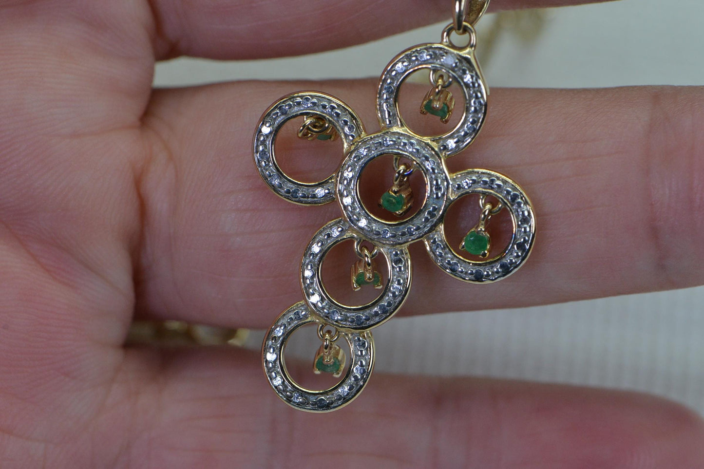 Colombian Emerald Cross Pendant: Diamond & Sterling Silver Filigree