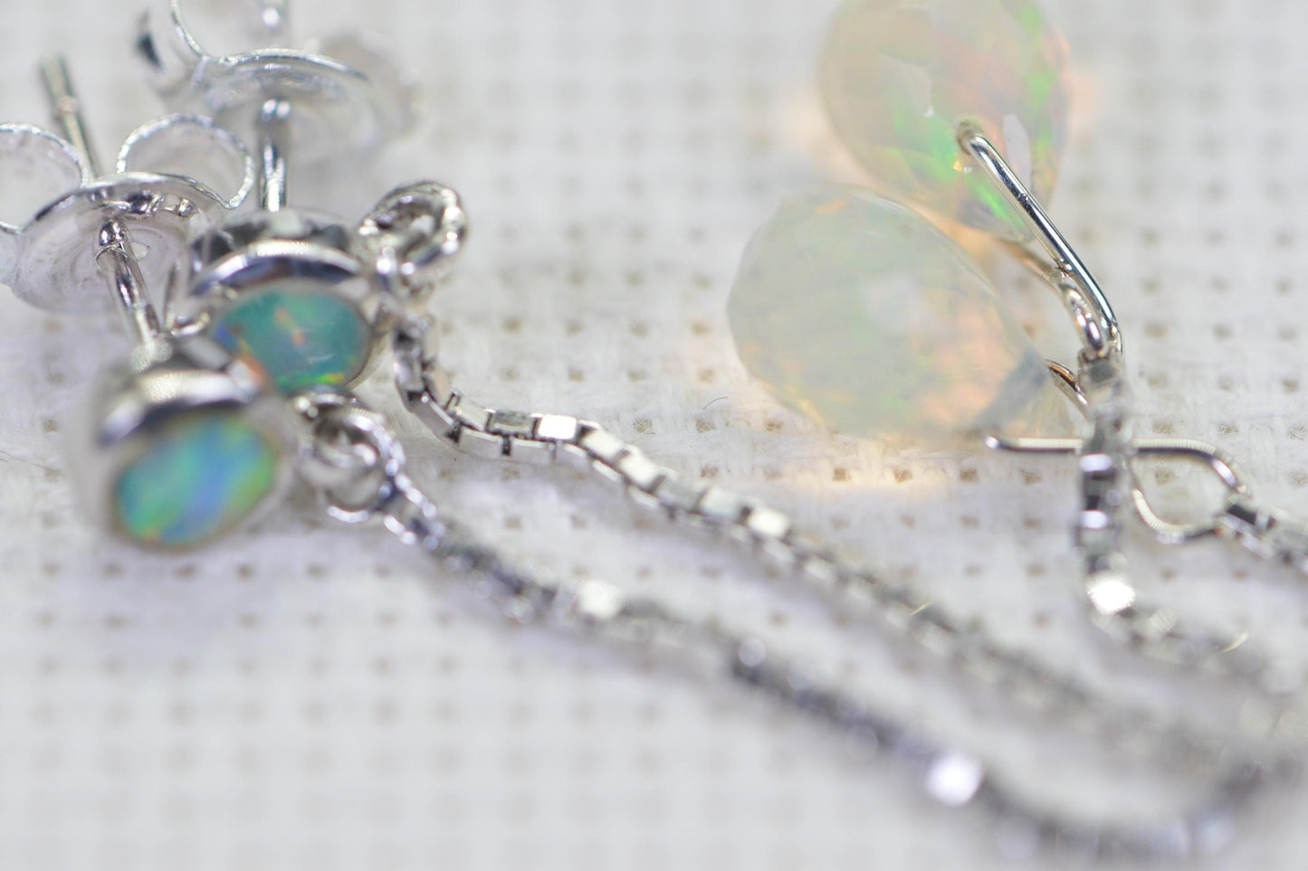 Ethiopian Opal Dangle Earrings: 14K White Gold over Sterling Silver