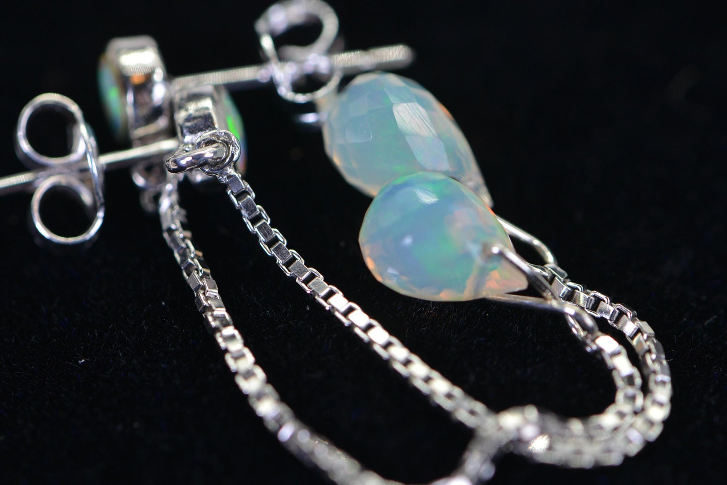 Ethiopian Opal Dangle Earrings: 14K White Gold over Sterling Silver