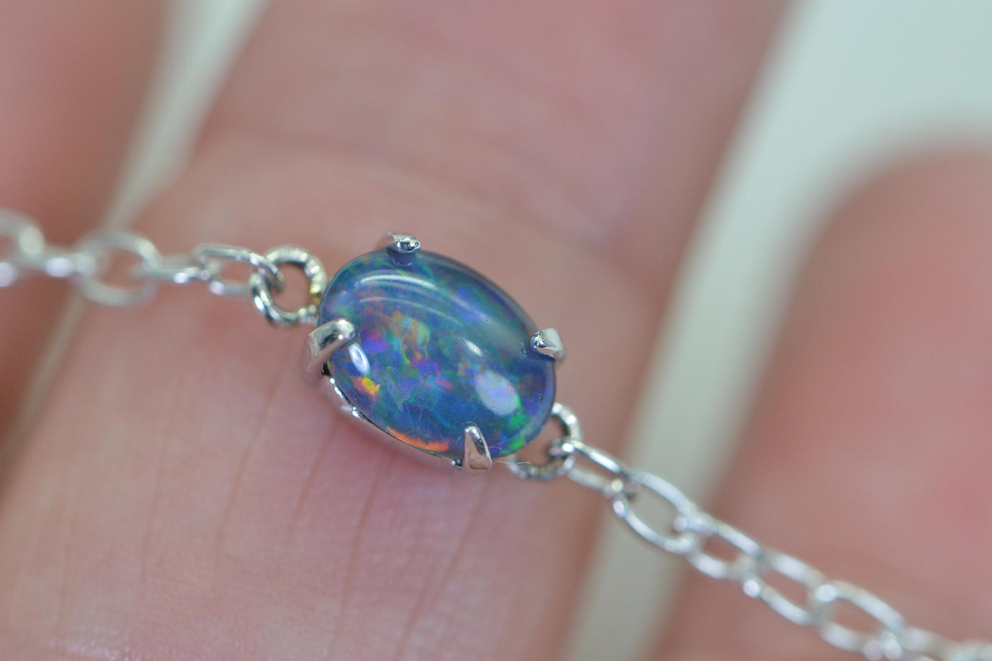 Australian Opal Bracelet: Sterling Silver Delicate Chain, Rainbow Opal