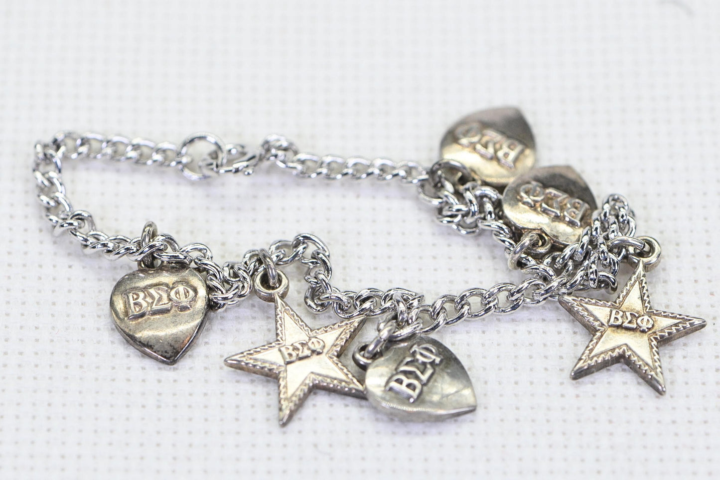 Vintage Silver Charm Bracelet: Stars & Hearts Dangle Charms