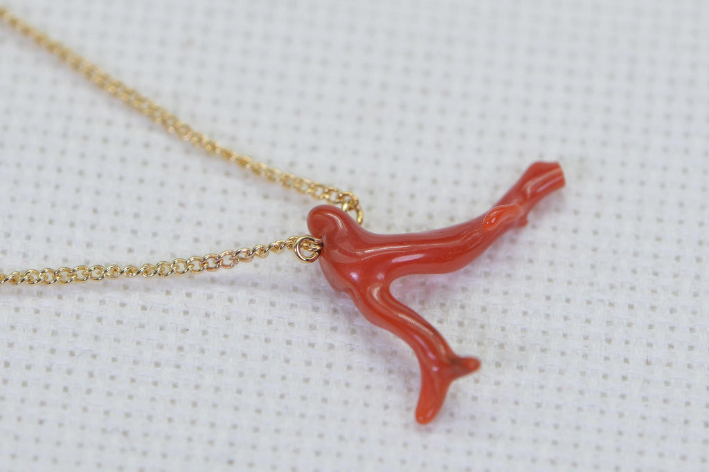 Red Coral Branch Pendant Necklace: 14K Gold Filled Wire Wrapped Italian Coral