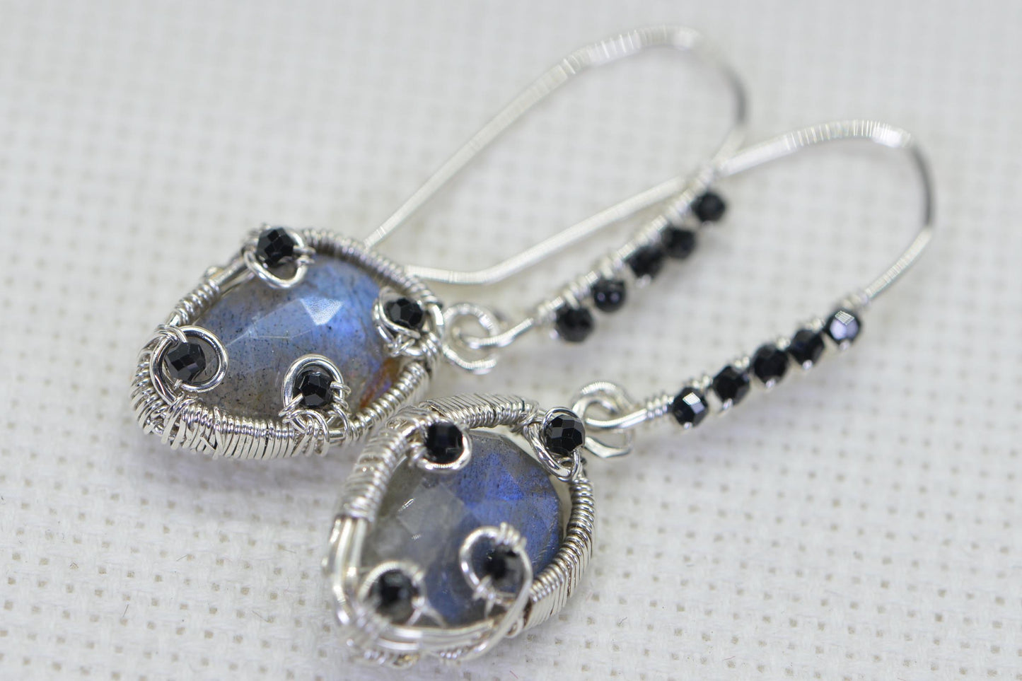 Handmade Labradorite Dangle Earrings: Copper Wire Wrapped, Black Tourmaline