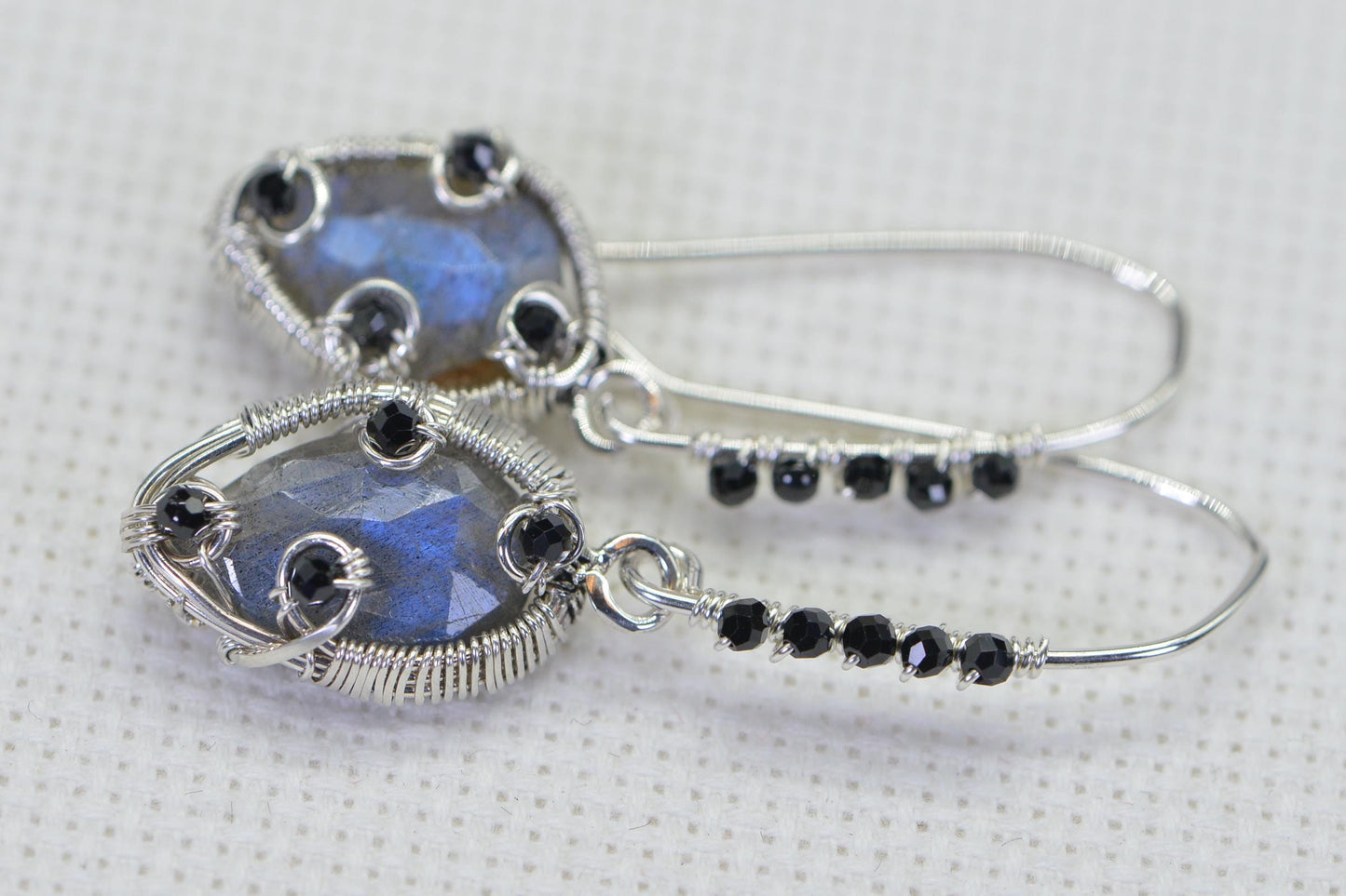 Handmade Labradorite Dangle Earrings: Copper Wire Wrapped, Black Tourmaline