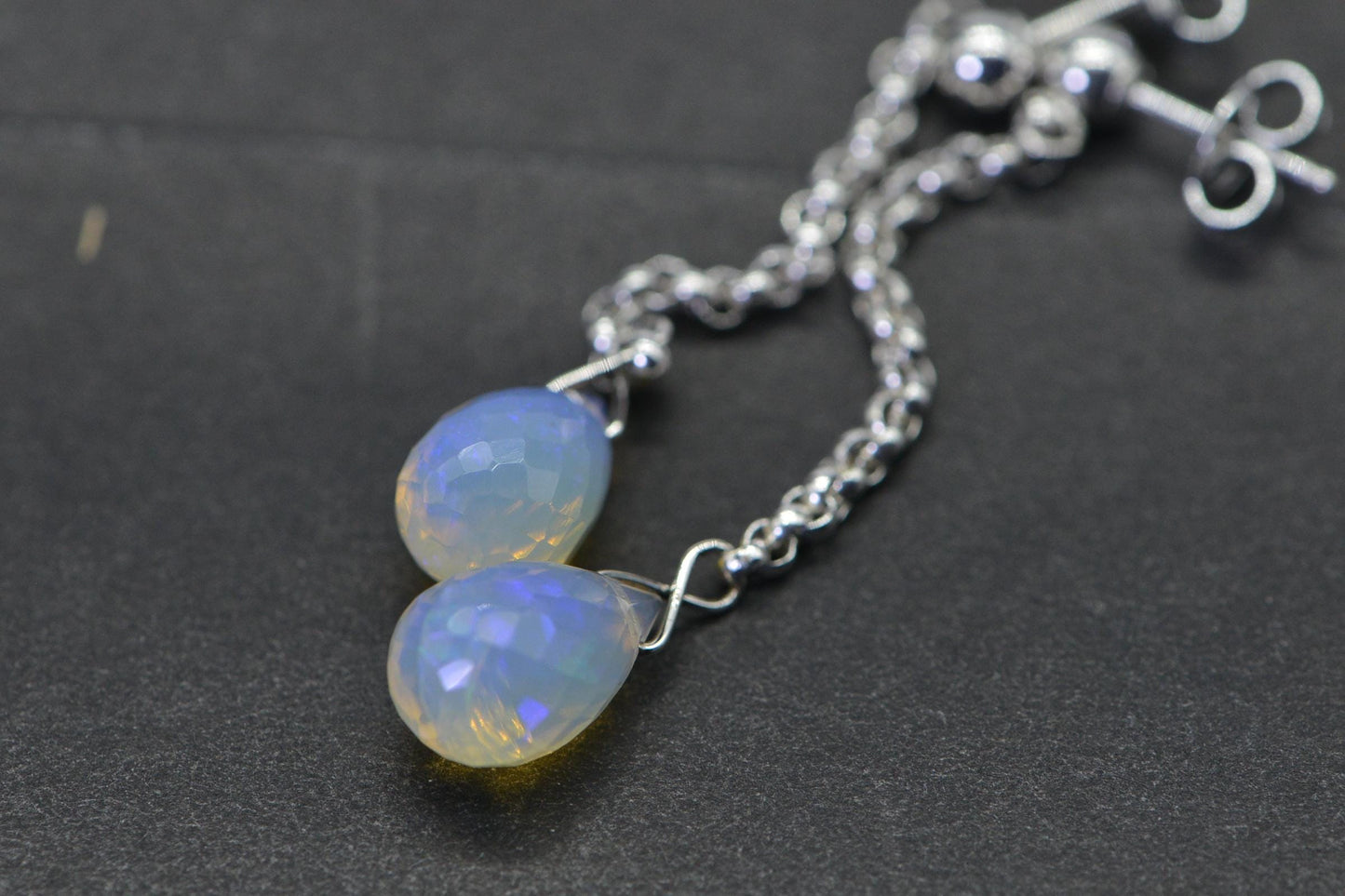 Ethiopian Opal Earrings Sterling Silver Wire Wrapped Long Chain Dangle Earrings Jewelry Birthstone October