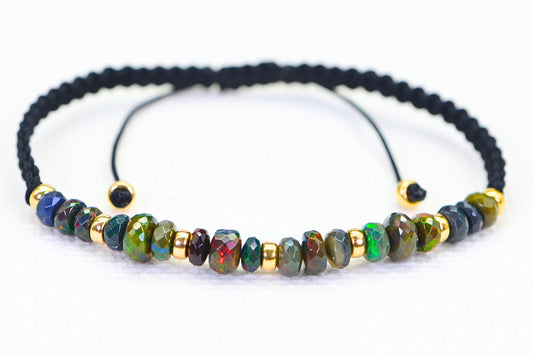 Black Opal Bracelet Macrome Shamballa 14K Gold Rondelle Ethiopian Opal Faceted Large beads