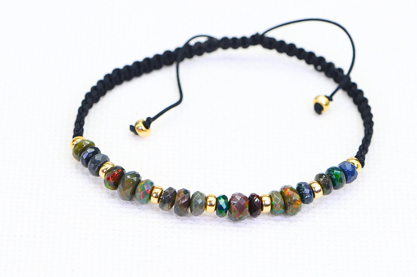 Black Opal Bracelet Macrome Shamballa 14K Gold Rondelle Ethiopian Opal Faceted Large beads