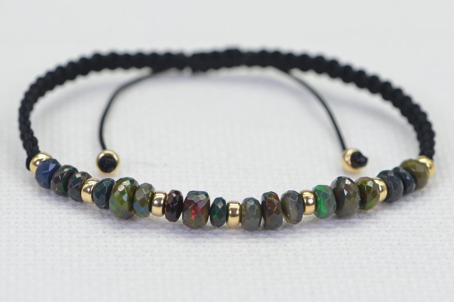 Black Opal Bracelet Macrome Shamballa 14K Gold Rondelle Ethiopian Opal Faceted Large beads