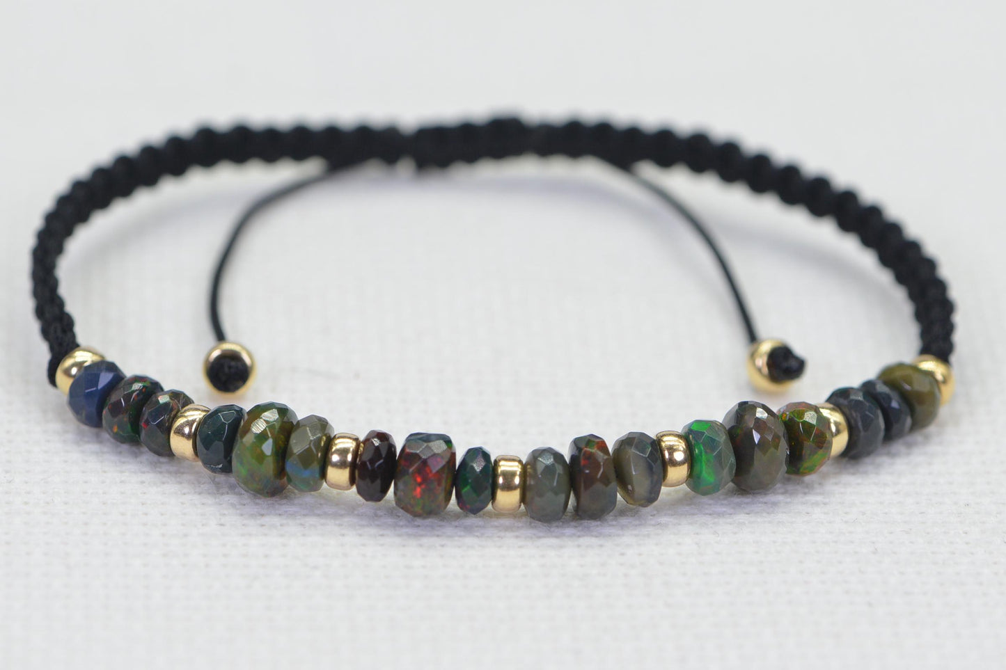 Black Opal Bracelet Macrome Shamballa 14K Gold Rondelle Ethiopian Opal Faceted Large beads