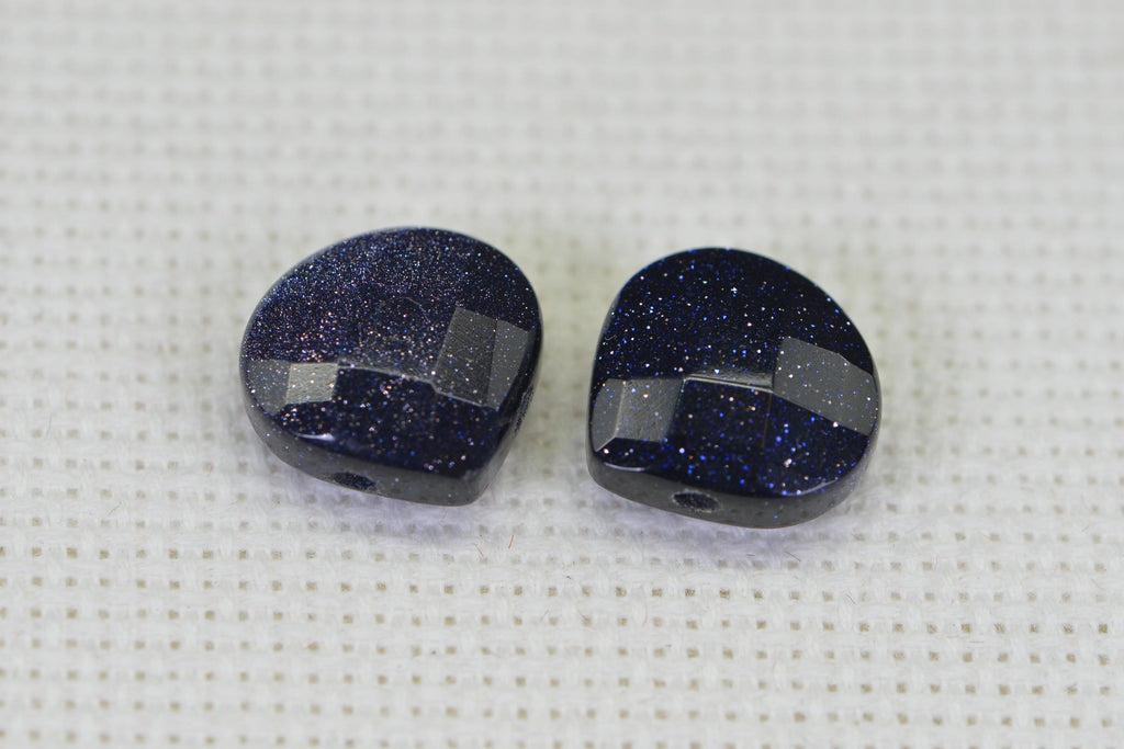 Blue Goldstone Heart Beads: Faceted Briolette Gemstone, 12mm (2 beads)