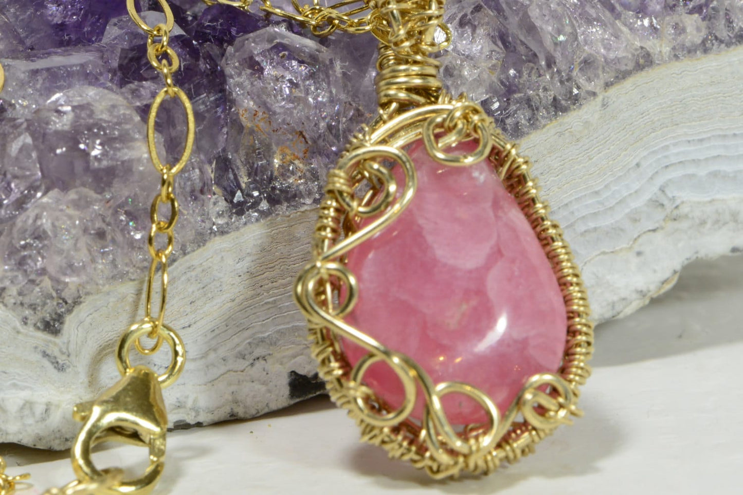 Rhodochrosite Pendant, 14K Gold Filled Wire Wrapped Gemstone Necklace