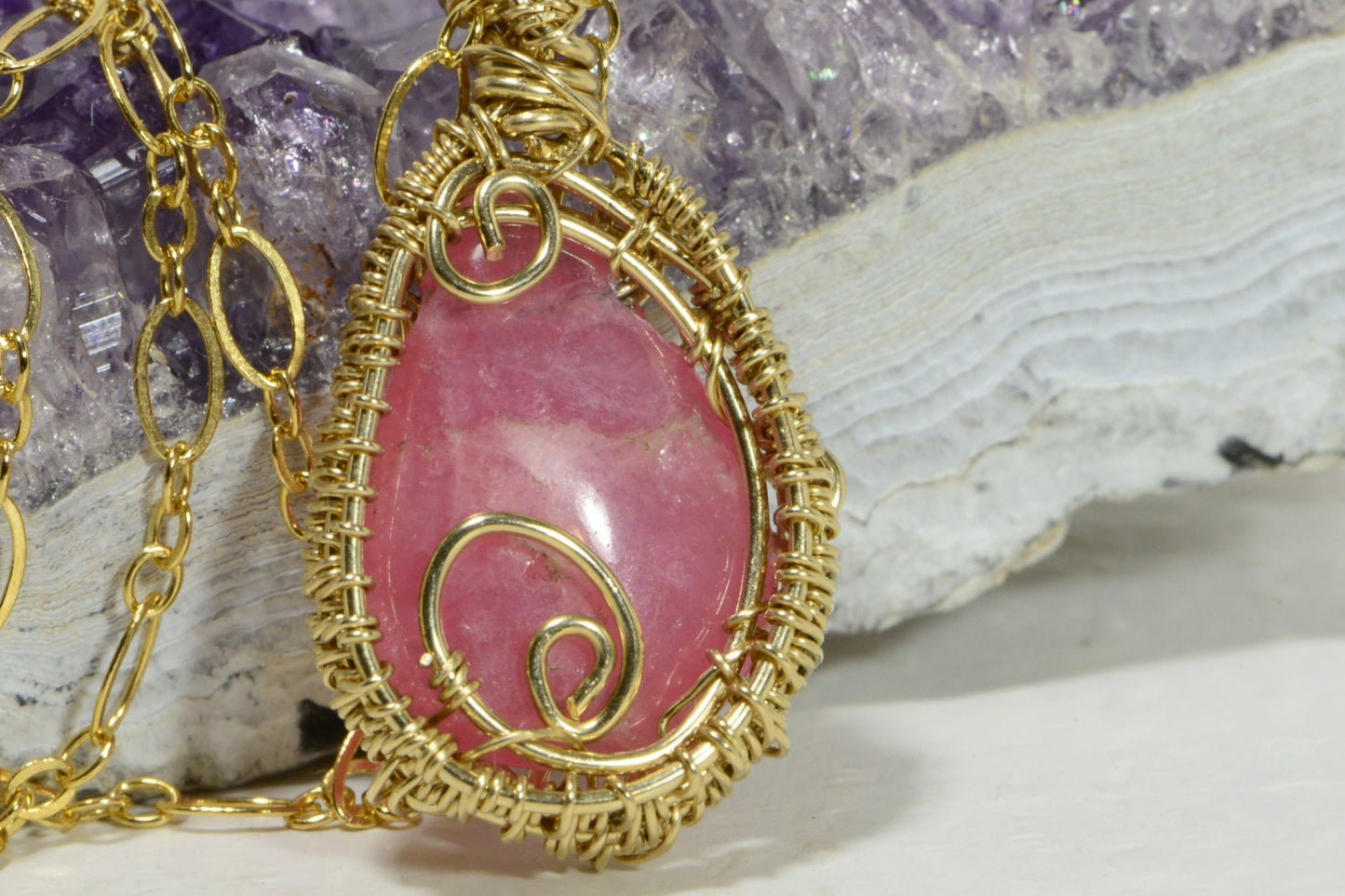 Rhodochrosite Pendant, 14K Gold Filled Wire Wrapped Gemstone Necklace