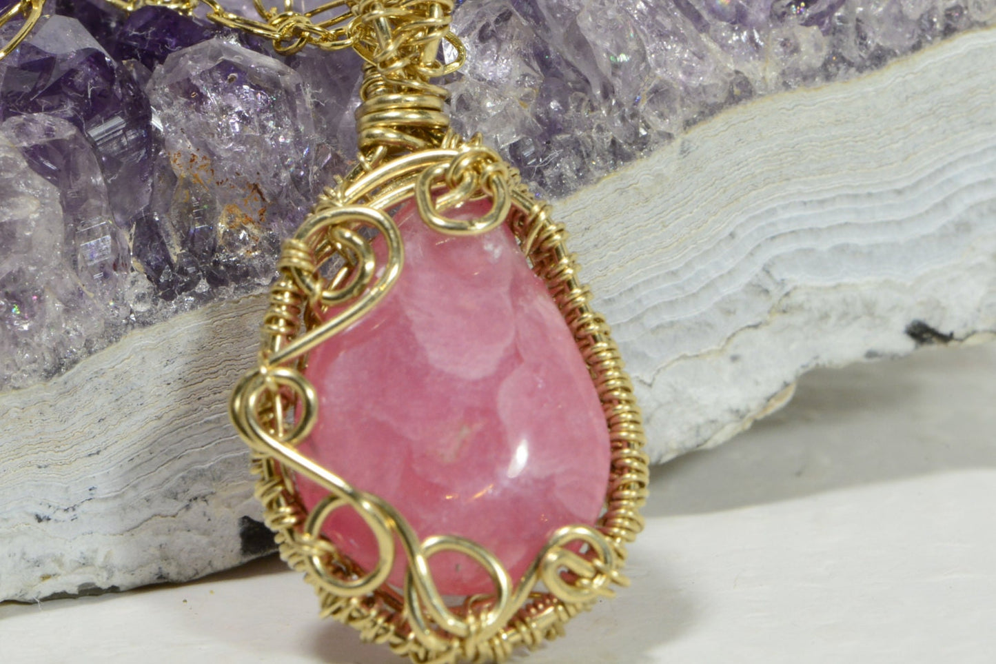 Rhodochrosite Pendant, 14K Gold Filled Wire Wrapped Gemstone Necklace