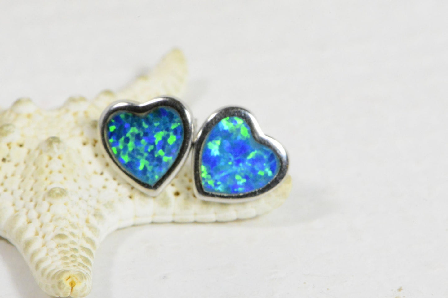 Blue Opal Heart Stud Earrings: 14K White Gold Over Sterling Silver