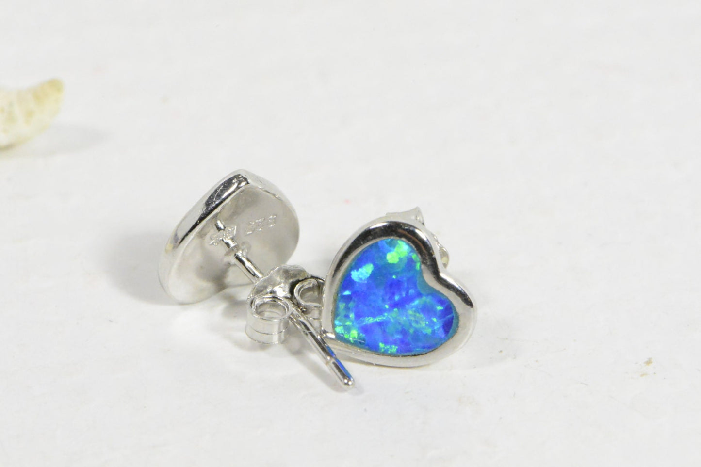 Blue Opal Heart Stud Earrings: 14K White Gold Over Sterling Silver