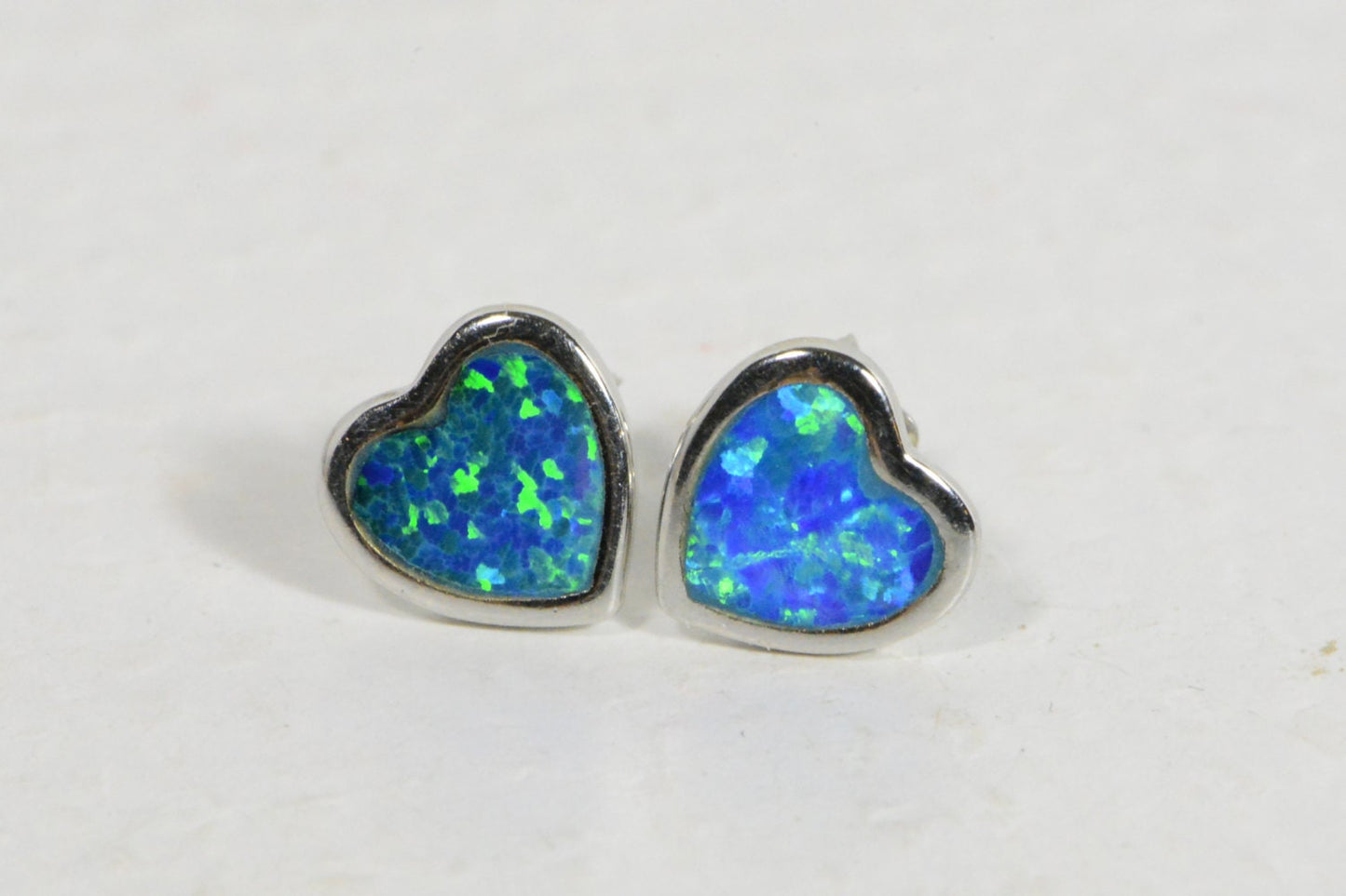 Blue Opal Heart Stud Earrings: 14K White Gold Over Sterling Silver